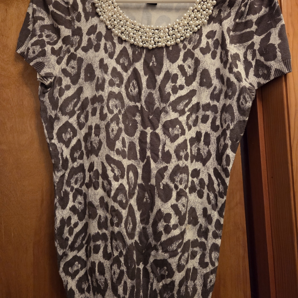INC International Concepts Brown and Cream Embellished Cap Sleeve Blouse